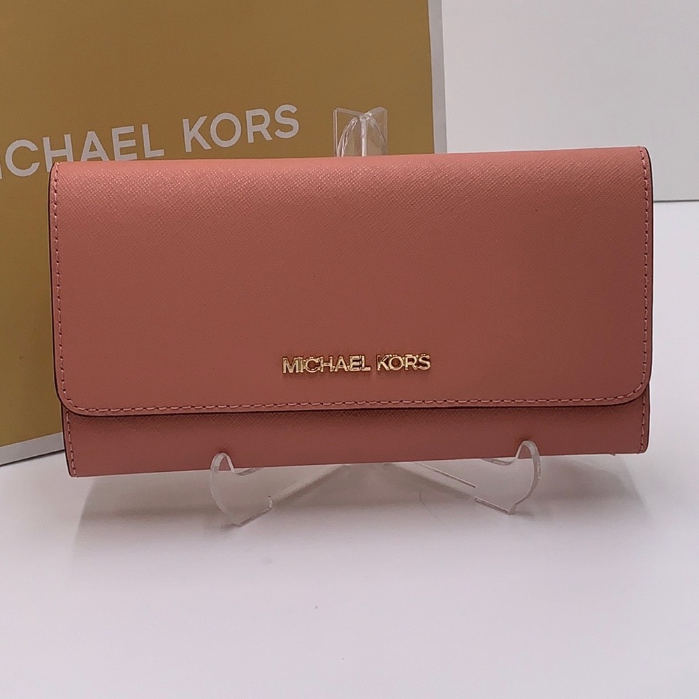 MICHAEL KORS JET SET TRAVEL LARGE TRIFOLD WALLET SUNSET ROSE COLOR - Picture 12 of 16